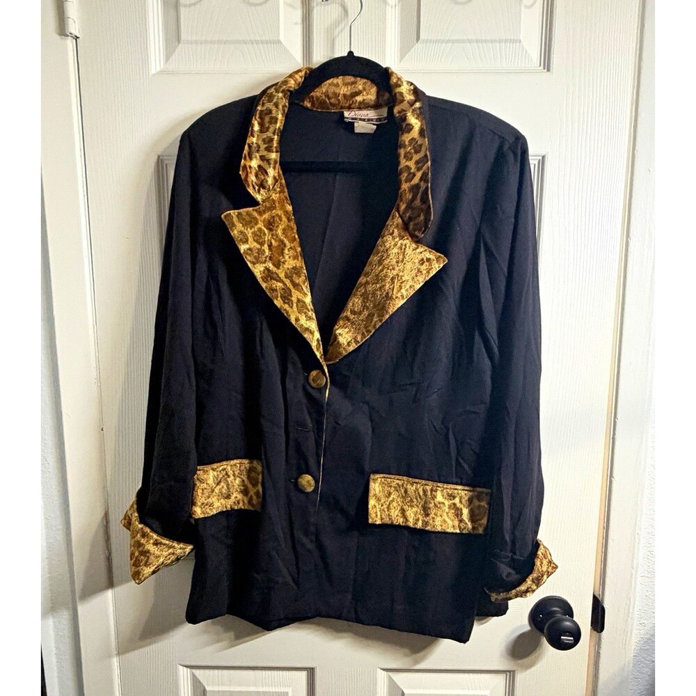 Vintage Diana Marco Women's Black Leopard Trim Button Front Jacket 14